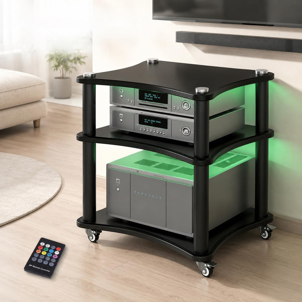 AV Media Stand with LED Lights, Audio Rack with USB Powered RGB Light Strip, Rolling Stereo Cabinet with Lockable Caster Wheels, 88 lbs Per Shelf, Printer/TV Stand for Small Spaces (black, 3-Tier)