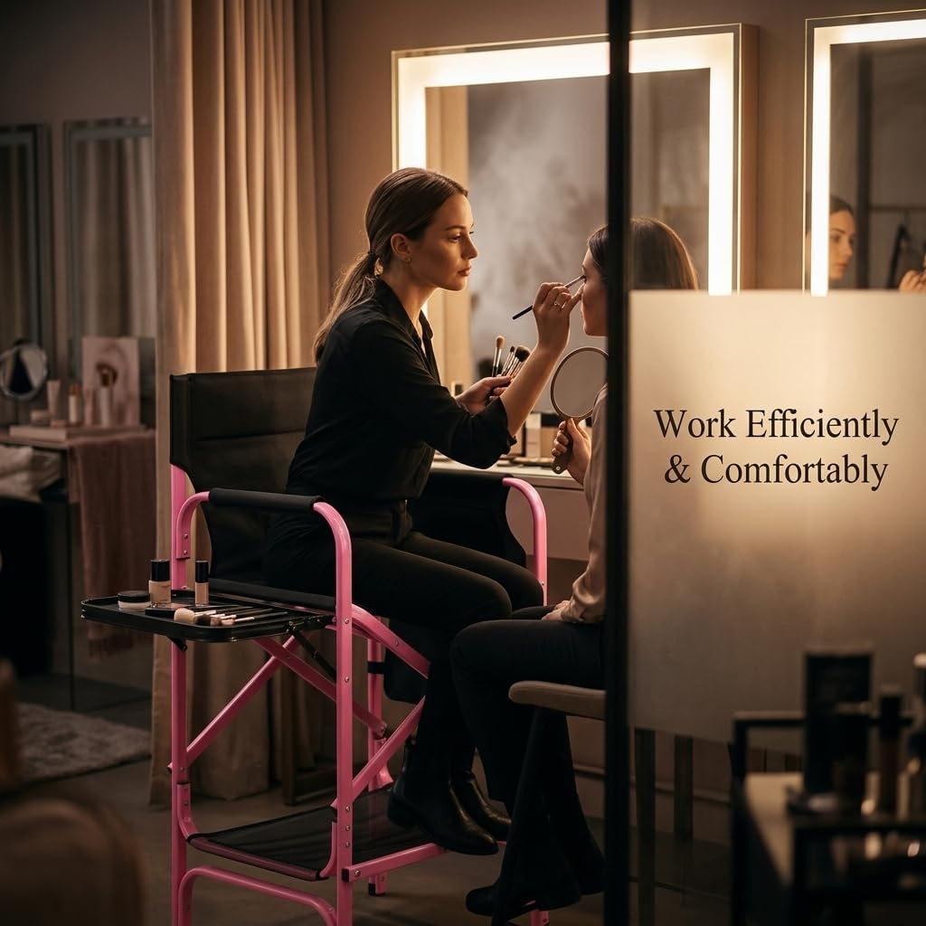VINGLI 31" Tall Director's Chair for Makeup Artist, Aluminum Portable Makeup Chair with Retractable Side Table & Footrest,Supports 300 lbs, Foldable Makeup Chair for Studio, Pink & Black
