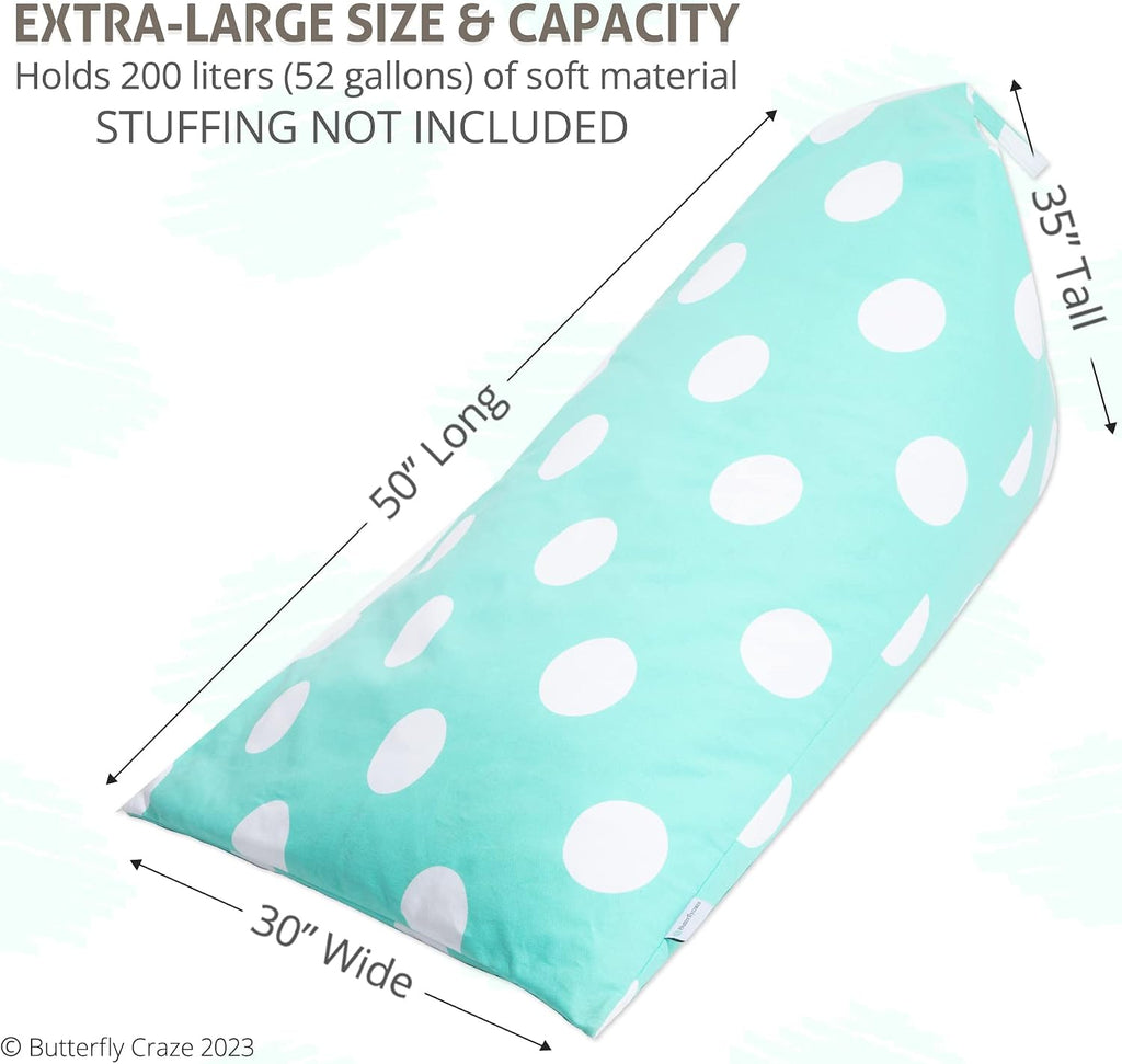 Butterfly Craze Kids Bean Bag Chair Cover - Zippered Plush Toy Organizer & Stuffed Animal Storage - Cozy Floor Lounger & Bean Bag Chairs for Kids - Aqua Polka Dots, 50 x 30 x 35 in