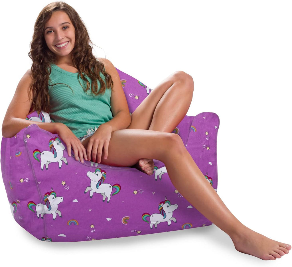 Posh Creations Bean Bag Chair Structured Seat for Kids, Teens and Adults, Comfy Bean Bag Chair for Gaming, Reading and Watching TV, Malibu Lounge Chair, Canvas - Unicorn and Rainbows on Purple