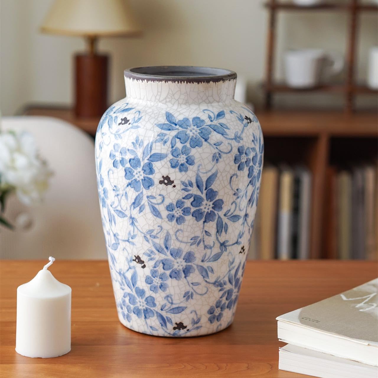 Vintage Blue and White Vase Porcelain Flower Vase Ceramic for Home Decor Rustic 9.7" H