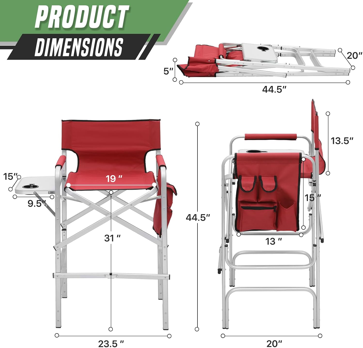 Directors Chair, 31“Tall Foldable Camping Chairs, Folding Aluminum Frame Vanity Chair, Makeup Artist Chair, Portable Camping Chair with Side Table, Cup Holder and Pockets, 250lbs Capacity (Cherry Red)