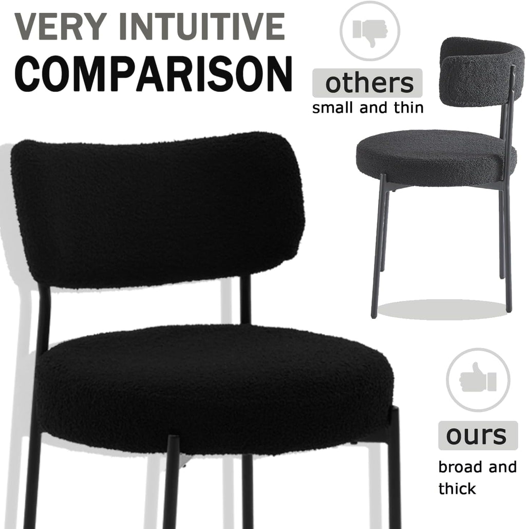Black Boucle Dining Chairs Set of 4, Upholstered Dinner Chair with Metal Frame, Dining Room Chairs with Padded Seat, Round Modern Seating for Living Room