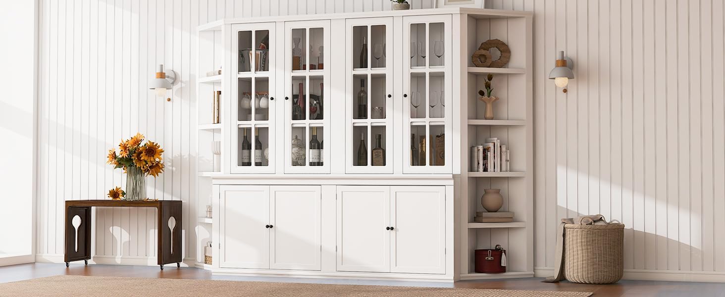 roomfitters 75.25'' Pantry Cabinets with Triangle Bookshelves, Retro Wall Storage Unit with Glass Doors for Living Room, White