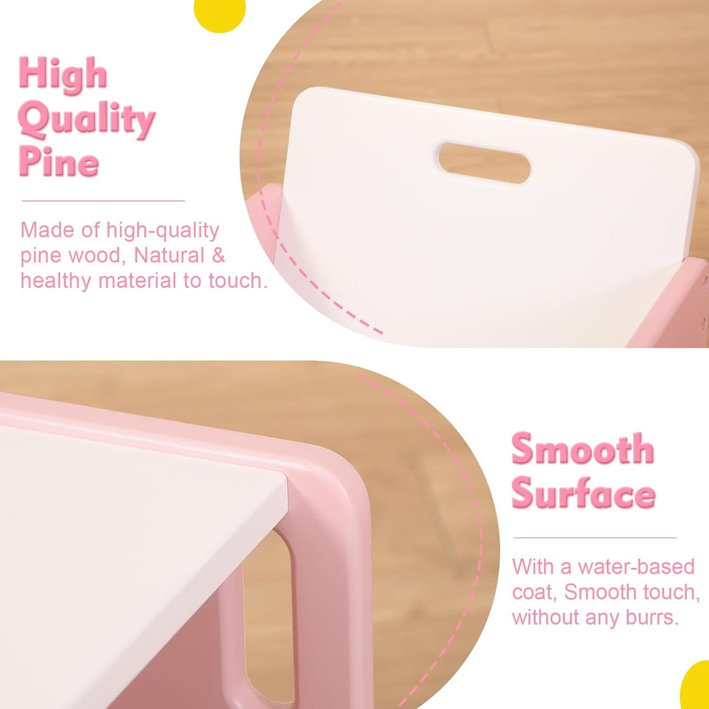 FUNLIO Height Adjustable Toddler Table and Chair Set for Age 1-3, Quality Solid Wood Montessori Table and Chairs, Weaning Baby Table Chair Set, Easy to Assemble, CPC Certified - Pink