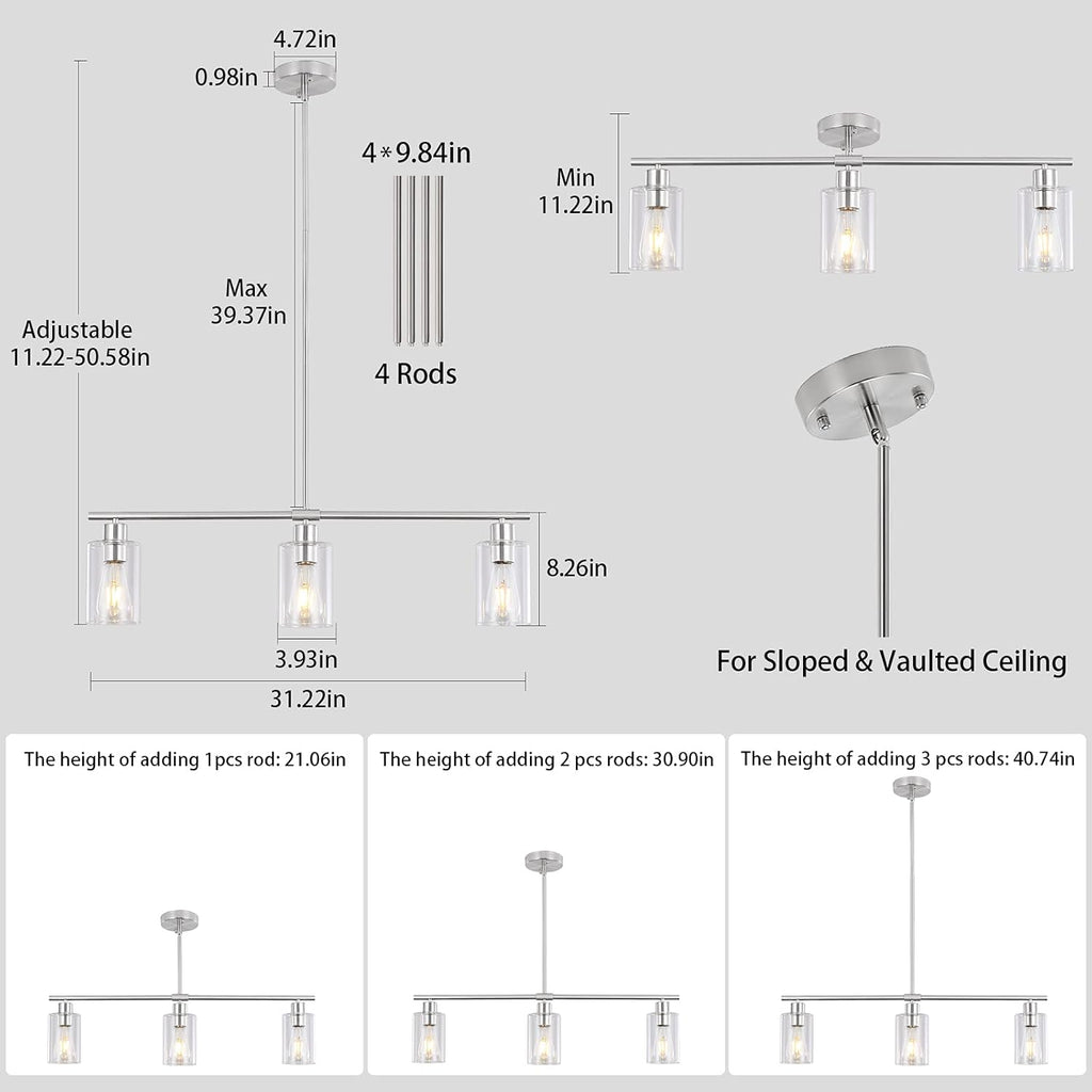3 Lights Kitchen Island Lighting Brushed Nickel Pendant Light Fixtures with Glass Shade 31" Dining Room Chandeliers Adjustable Height Modern Linear Ceiling Hanging Light for Living Room, Foyer