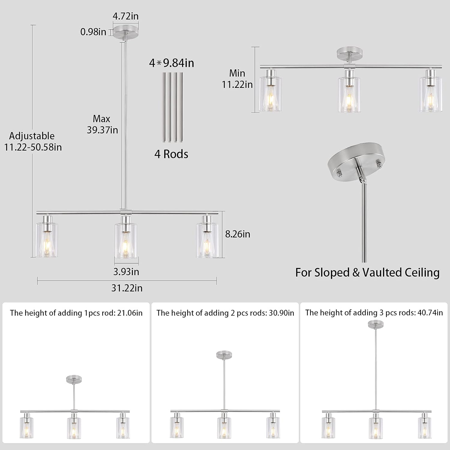 3 Lights Kitchen Island Lighting Brushed Nickel Pendant Light Fixtures with Glass Shade 31" Dining Room Chandeliers Adjustable Height Modern Linear Ceiling Hanging Light for Living Room, Foyer