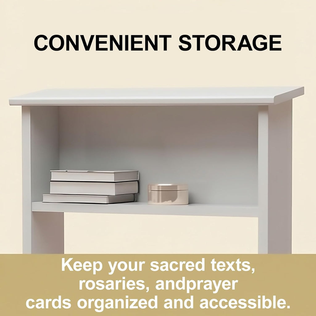 Church Prayer Bench Kneeler Wooden Prayer Kneeler with Book Shelf Prayer Table at Home with Cushion Pad Meditation Stool Kneeling Stool for Church Family(White)
