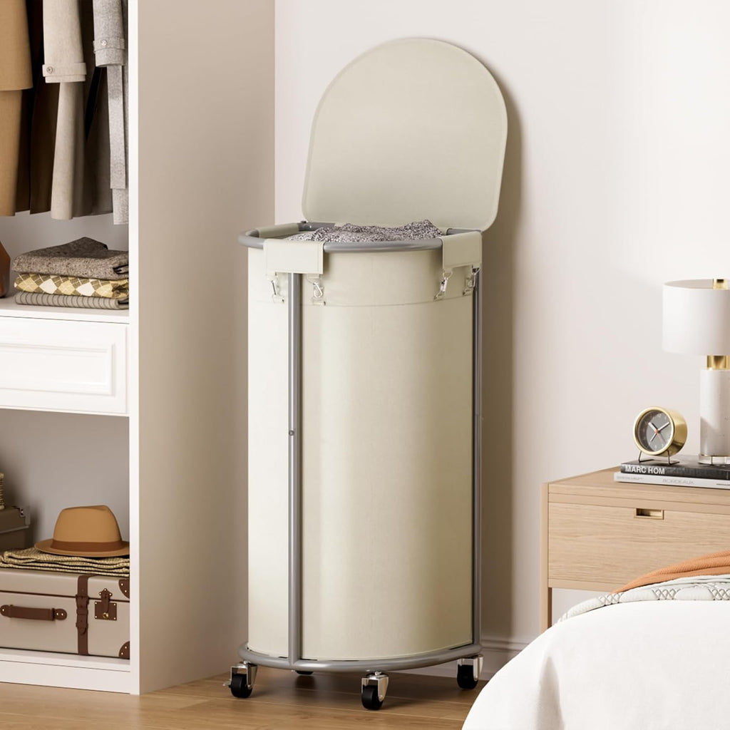 Rolling Laundry Basket with Lid, 100L Laundry Hamper with Wheels, Half Round Laundry Cart with Removable Bag, Sturdy Metal Frame Dirty Clothes Organizer for Bathroom, Bedroom, Beige