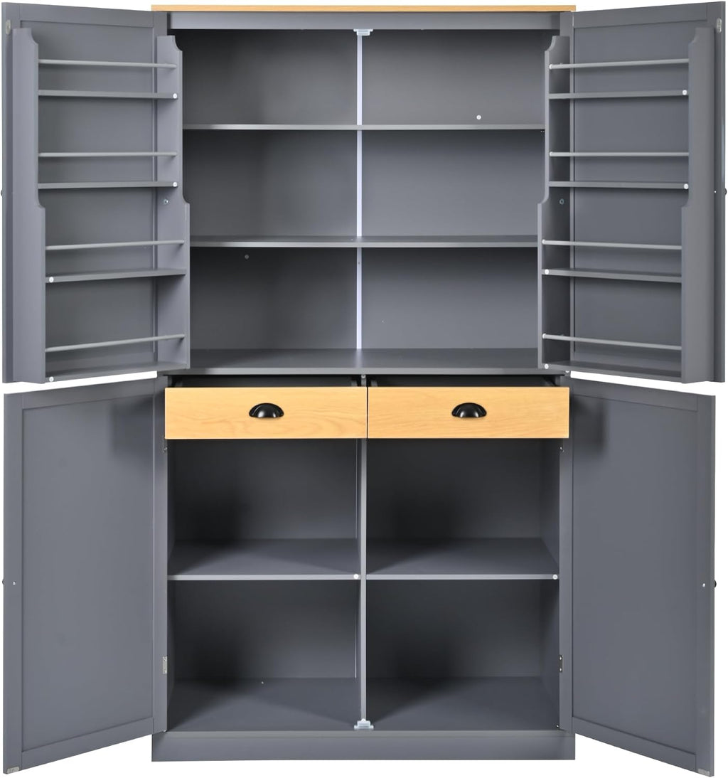 RUNNA High Freestanding Kitchen Pantry with 2 Drawers, 2 Adjustable Shelves, 8 Door Shelves, Large Cupboard Storage Cabinet for Dining Room (Gray#Large)