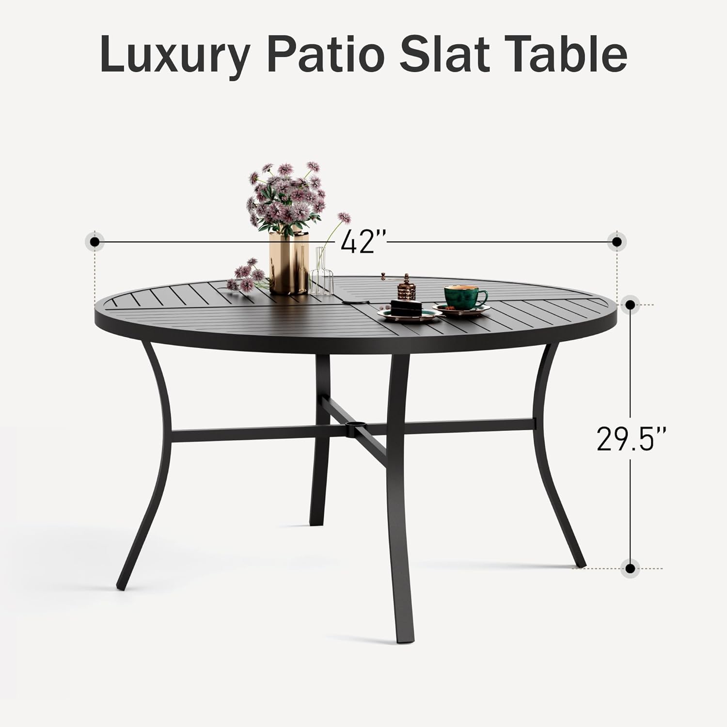PHI VILLA Patio Round Table w/Umbrella Hole, Metal Table for 4, Black | 42" wrought iron dining table. Slatted top design, weather resistant. Perfect for outdoor deck, porch, backyard.