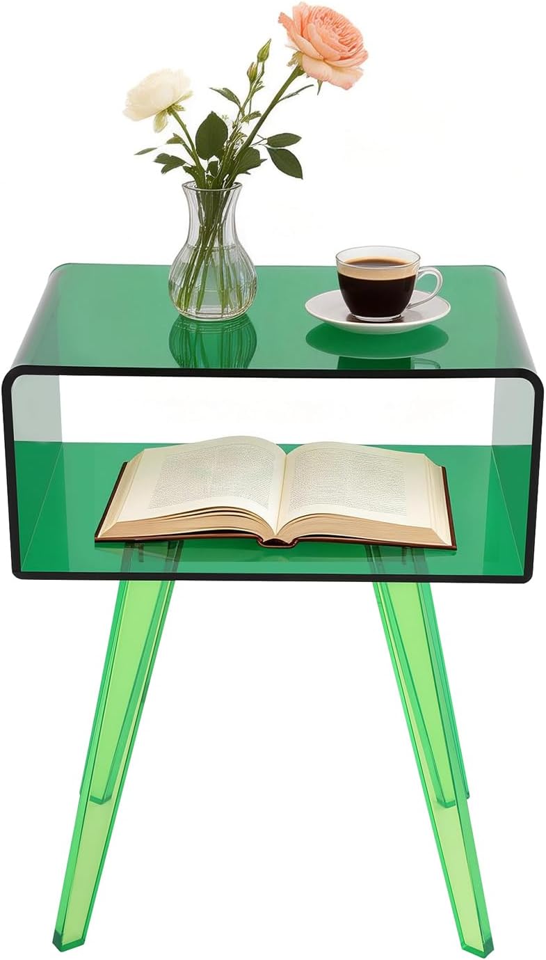 Acrylic Side Table, Round End Table with Storage, 19.7" H Small Modern Bedside Tables Nightstand, Home Decor Accent Table for Living Room Bedroom Office (Green)