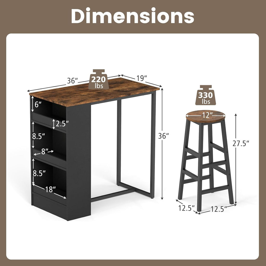 COSTWAY 3-Piece Bar Table Set, 36" Counter Height Breakfast Table with 3 Storage Shelves & 2 Round Stools, Rectangular Kitchen Table Set for 2, for Dining Room, Living Room, Rustic Brown and Black