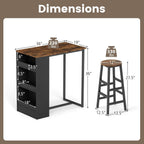 COSTWAY 3-Piece Bar Table Set, 36" Counter Height Breakfast Table with 3 Storage Shelves & 2 Round Stools, Rectangular Kitchen Table Set for 2, for Dining Room, Living Room, Rustic Brown and Black
