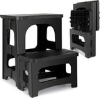 2 Step Folding Stool Non Slip 250 lb Capacity Foldable Step Stool 8 and 17 Inch Dual Height Portable Foot Stool for Kitchen Bathroom Black