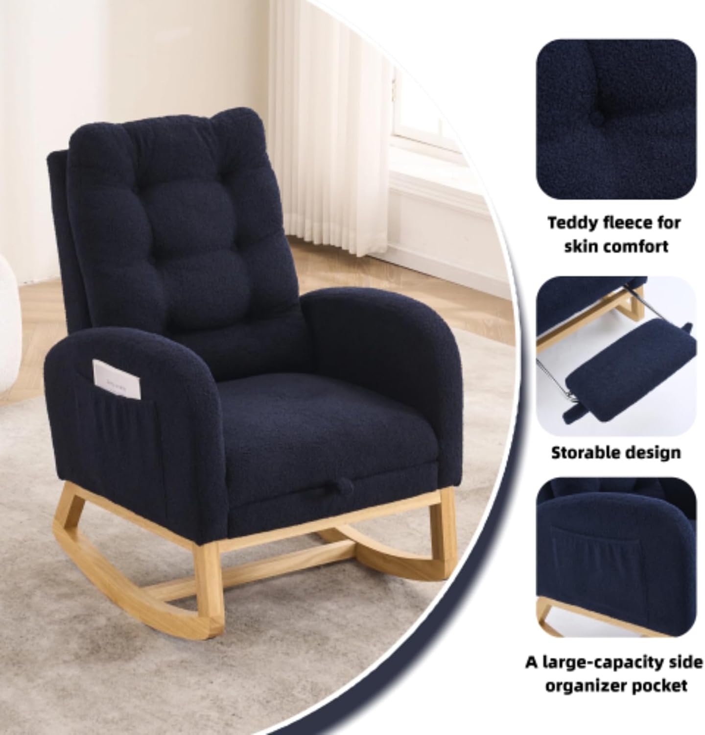 Nursery Rocking Chair with Retractable Footrest,Accent Rocker for Relaxing, Side Pocket,A+ Grade Rubber Wood,Suitable for Living Room,Bedroom and Balcony (Teddy Fleece, Navy Blue)