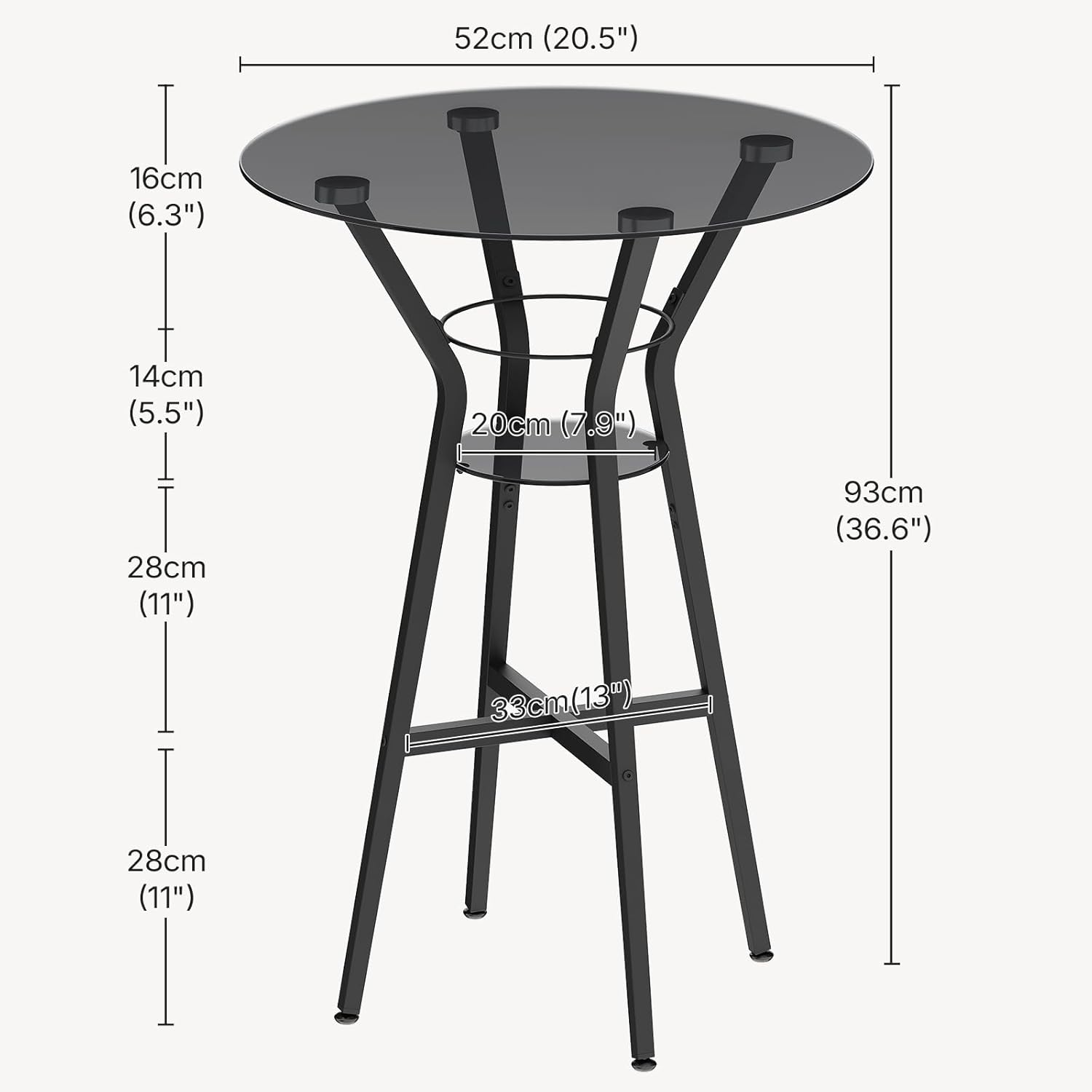 YATINEY Bar Table, 2-Tier Round High Top Table, Pub Table, Home Bar Counter Height, Bistro Tables, for Kitchen, Living Room, Meeting Room, Pub, Transparent and Black BT03BK