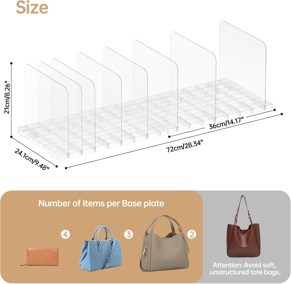 PAVSTINE Purse Organizer for Closet, Stackable Handbag Storage Shelf, Adjustable Clear Shelf Dividers, Keep Clutch, Bag, Pocketbook Upright, for Bedroom