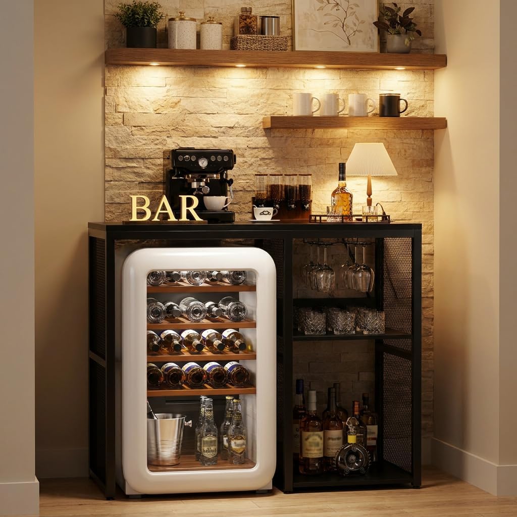 Homieasy Mini Fridge Cabinet with Power Outlet, Coffee Bar Cabinet with Mini Fridge Space, Industrial Liquor Cabinet with Wine Storage & Glass Holder for Dorm, Living Room, Home Kitchen, Black