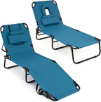 Giantex Folding Beach Tanning Chair, Adjustable Face Down Patio Lounge Chair w/ 4-Position Backrest, Face Hole & Removable Pillow, Portable Sunbathing Chair for Poolside Yard Lawn (2,Steel Blue)