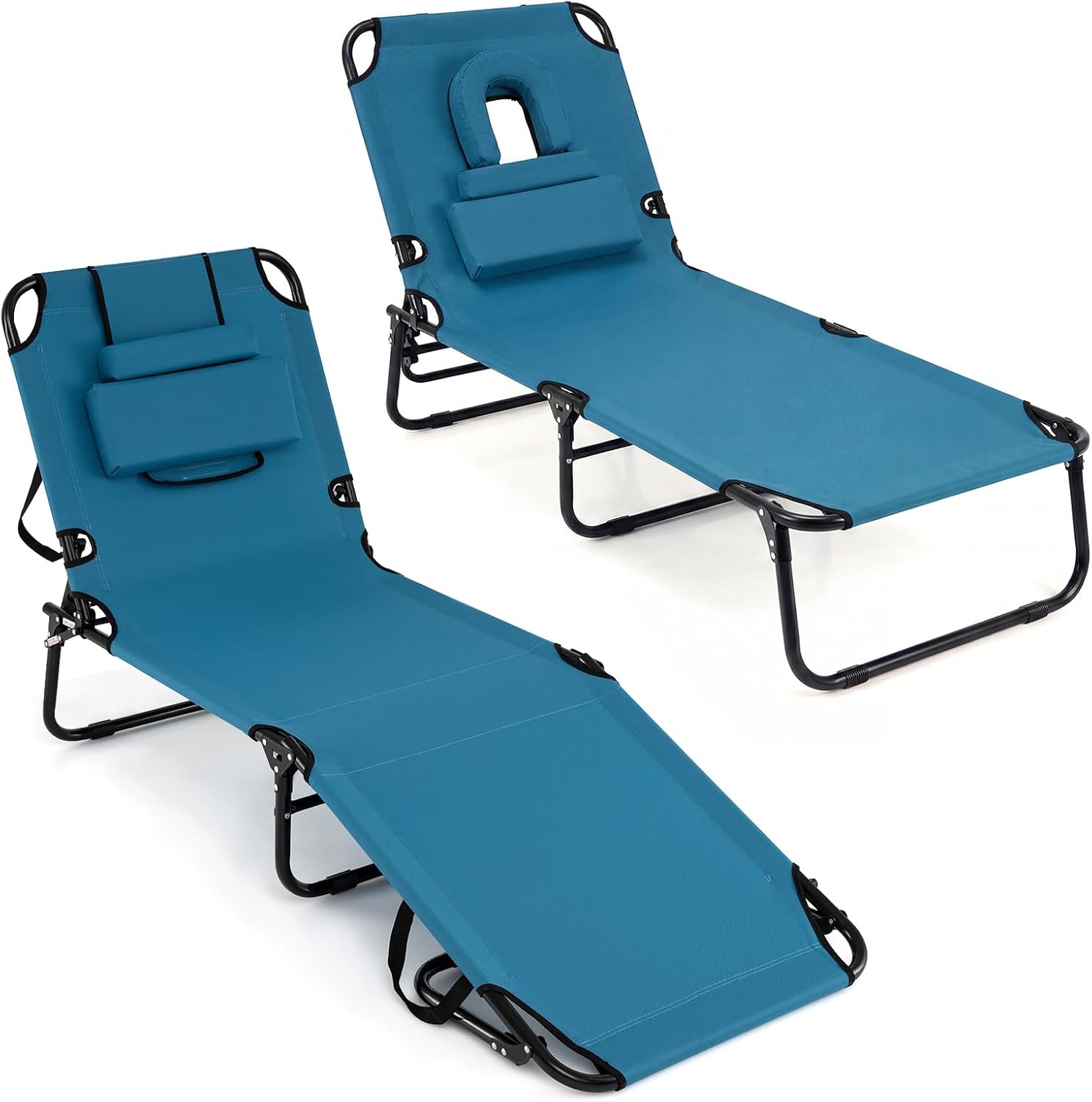 Giantex Folding Beach Tanning Chair, Adjustable Face Down Patio Lounge Chair w/ 4-Position Backrest, Face Hole & Removable Pillow, Portable Sunbathing Chair for Poolside Yard Lawn (2,Steel Blue)