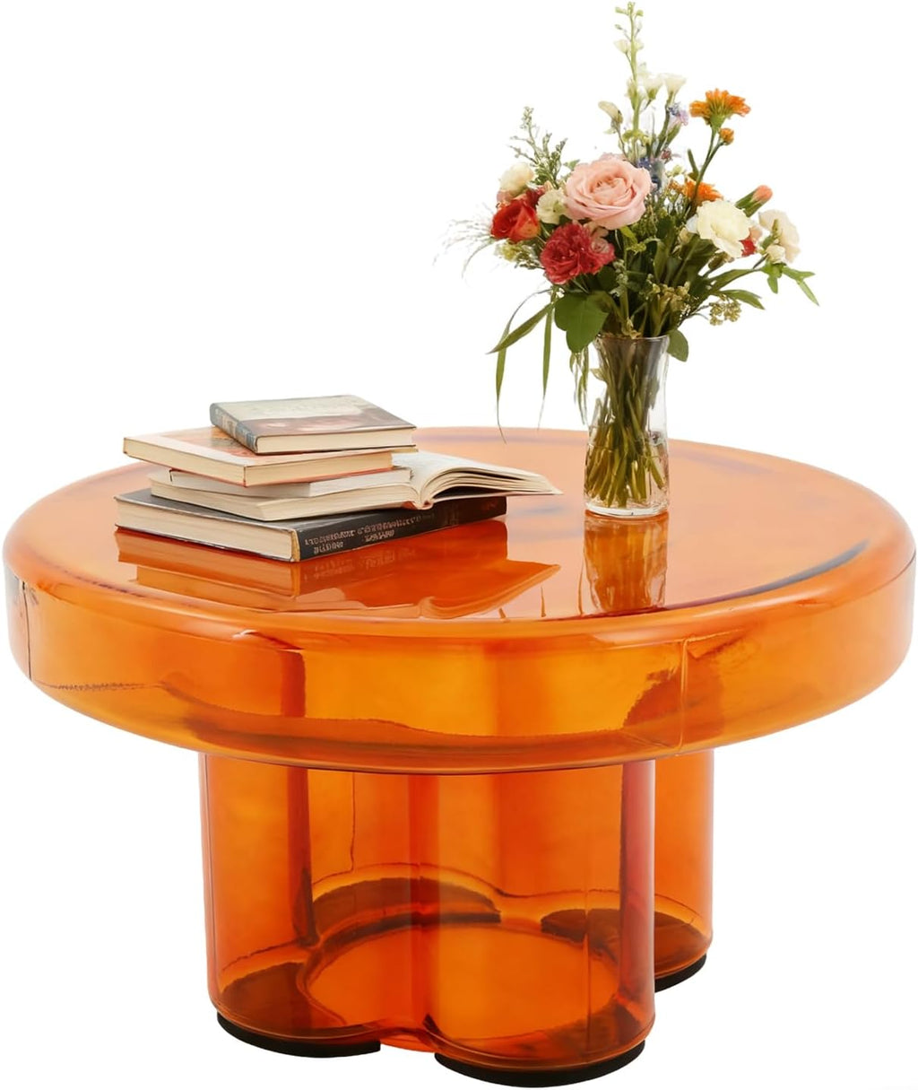 Modern Glass Coffee Table,Minimalist Round Coffee Table with Base,Modern Small End Table with Tempered Glass Top for Office Hotel Balcony (Amber)