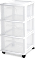 HOMZ Drawer Tower, 3-Tier Rolling Storage Cart with Removable Wheels, White Frame – Plastic Organizer with Clear Bin Drawers for Bedroom, Bathroom, Home Office, and Dorm Room