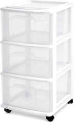 HOMZ Drawer Tower, 3-Tier Rolling Storage Cart with Removable Wheels, White Frame – Plastic Organizer with Clear Bin Drawers for Bedroom, Bathroom, Home Office, and Dorm Room