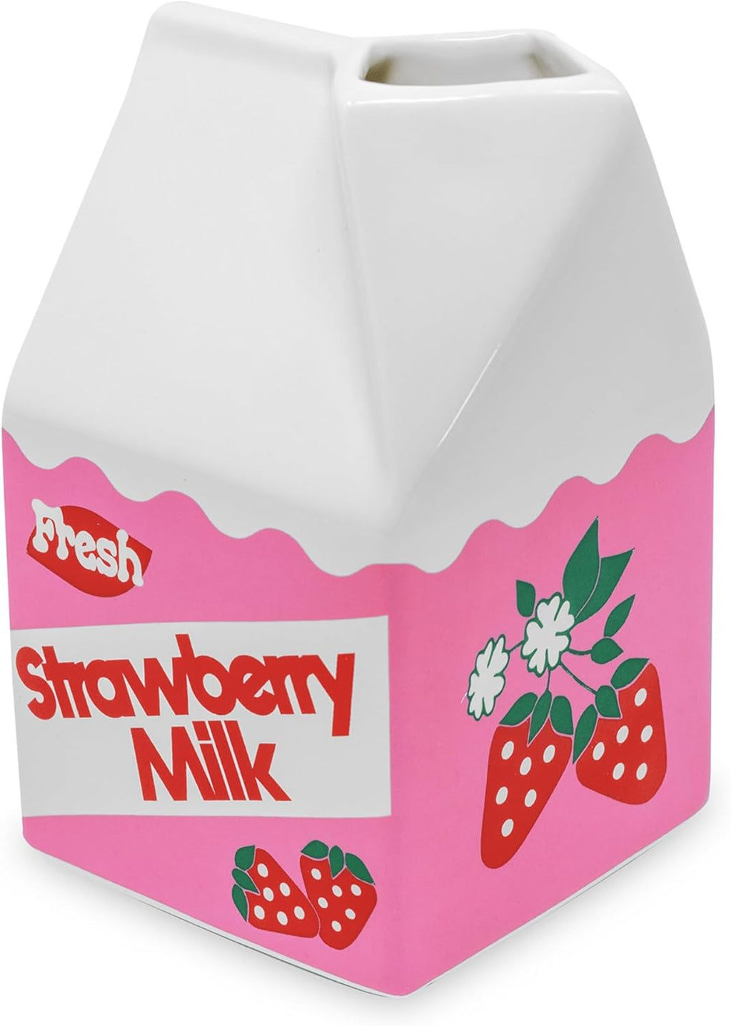 ban.do Ceramic Petite Carton Shape Vase, Strawberry Milk | Retro Inspired Decorative Mini Vase, Unique Food Theme Pink Home, Kitchen, and Bookshelf Decor