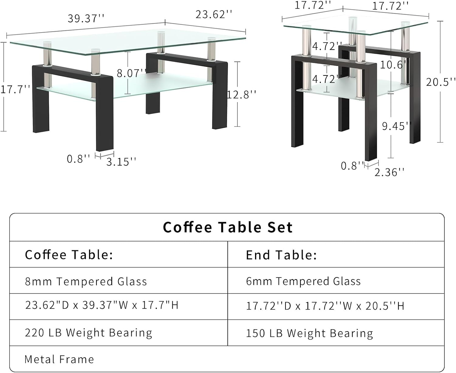 ODUSE-DAILY Glass Coffee Table - Black Metal Frame Set of 3 Living Room Table Set