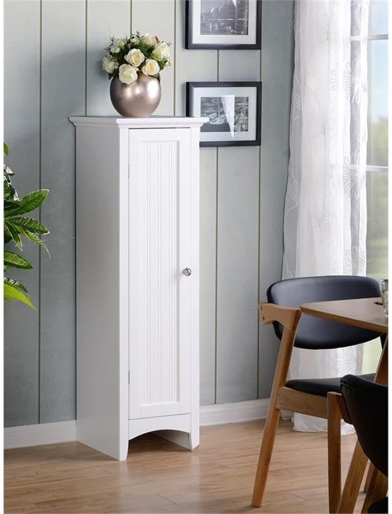 Pemberly Row 48" Tall 1-Door Kitchen Storage Pantry, Wood Construction, White Finish, 15" W x 15" D, Adjustable Shelves, Compact Design, Raised Panel Door, Brushed Aluminum Hardware