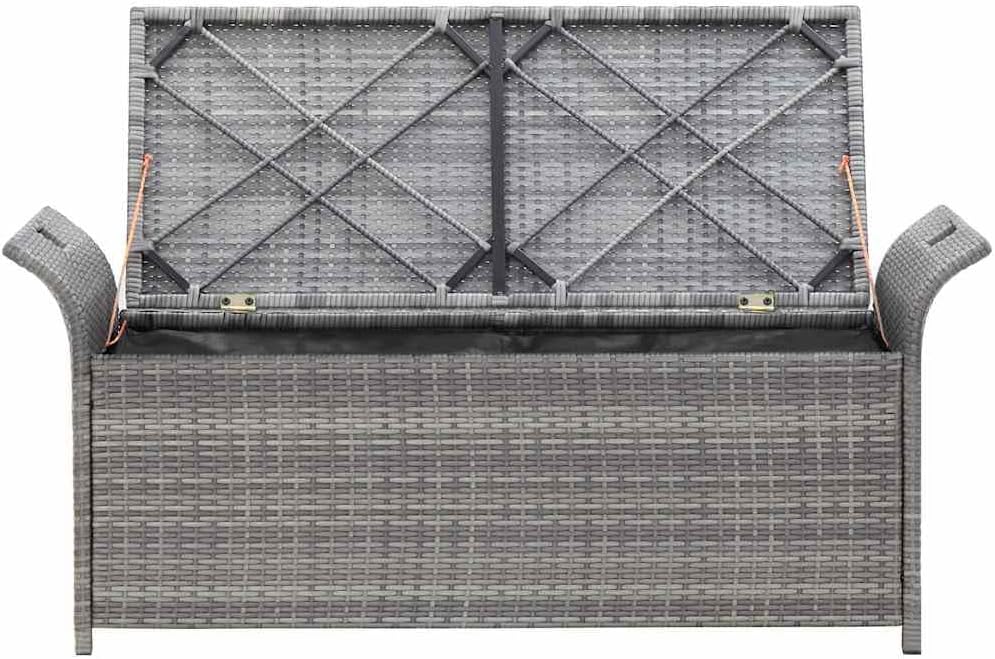Poly Rattan Patio Storage Bench with Cushion Gray, 54.3 Inch Waterproof PE Storage Bench for Outdoor Use, Large Space with Removable Polyester Cover