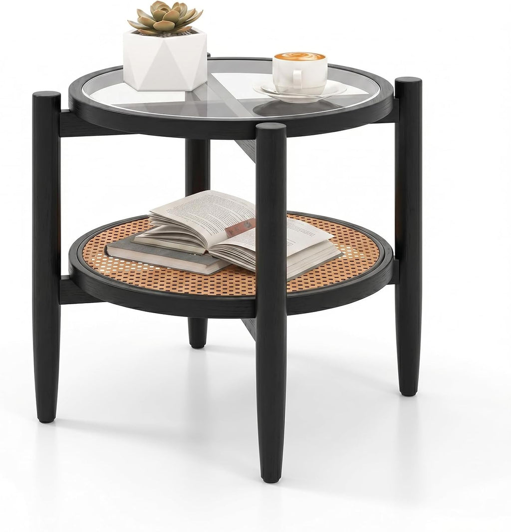 Giantex Rattan Round End Table, Boho Nightstand with Tempered Glass Top & Acacia Wood Legs, 2-Tier Side Table with Storage, Bedside Tables for Small Spaces Living Room Bedroom (Black)