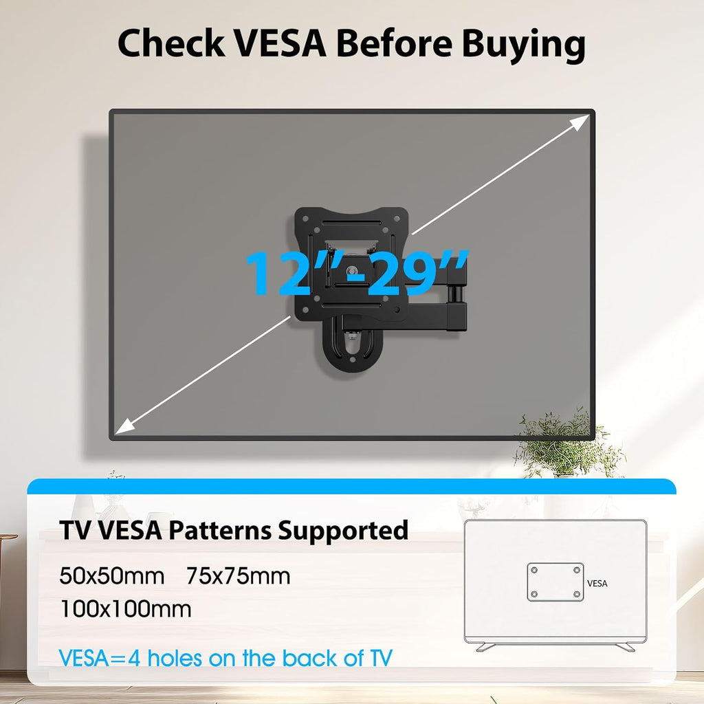 Full Motion TV Wall Mount for Most 12-29 Inch Flat Curved TV&Computer up to 22lbs,Sturdy TV Wall Bracket with Tilt Swivel Extension, Max VESA 100x100mm 17 19 21 23 27 Articulating Monitor Mount
