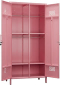 METAN Pink Metal Wardrobe Cabinet with Lock, 20-Inch Deep, 2 Doors | 71"H x 33.5"W x 19.7"D pink steel wardrobe with 2 rods, 4 adjustable shelves, lock, vents; assembly required.