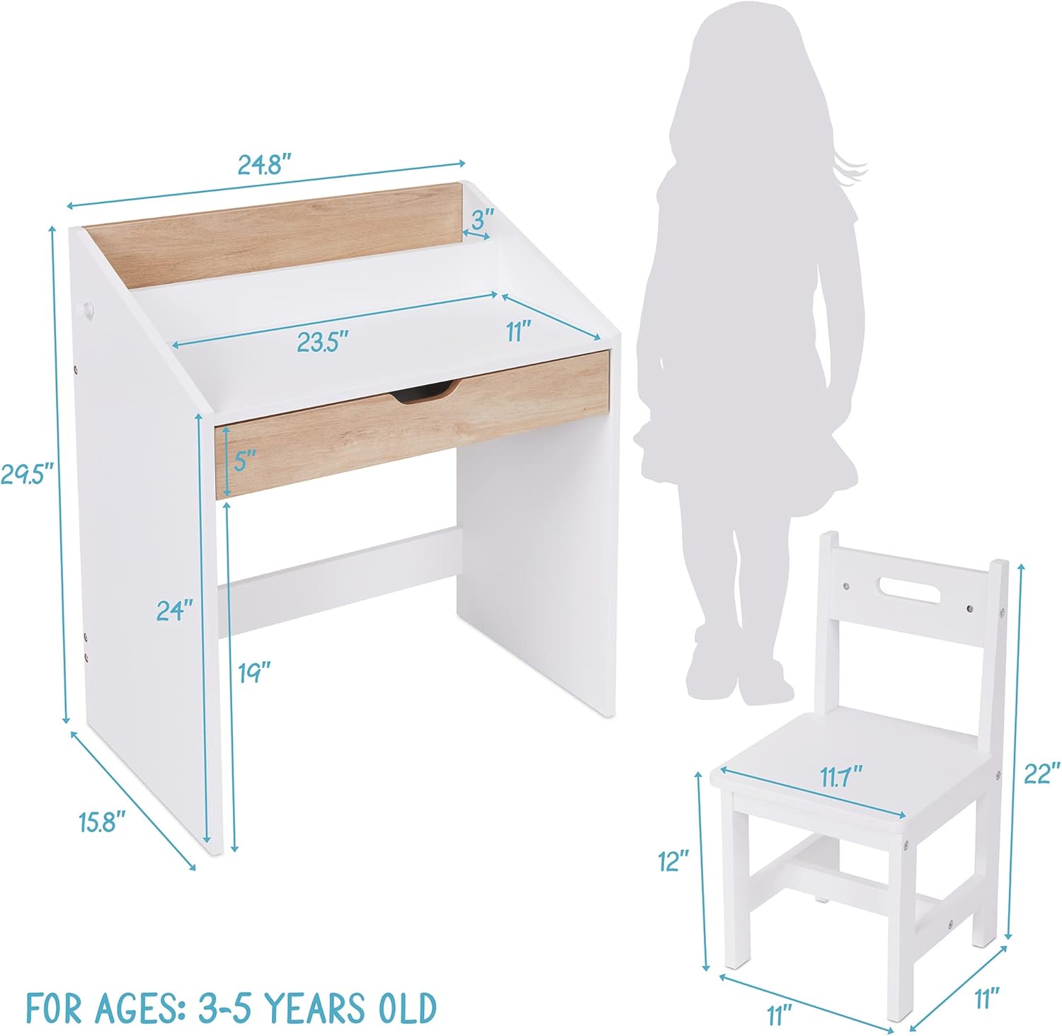 Lil' Jumbl Toddler Wooden Study Desk and Chair Set, Home School Learning Workstation with Writing Table, Storage Drawer, Tabletop Organizer & Hanging Hooks for Children Studying, Reading & Drawing