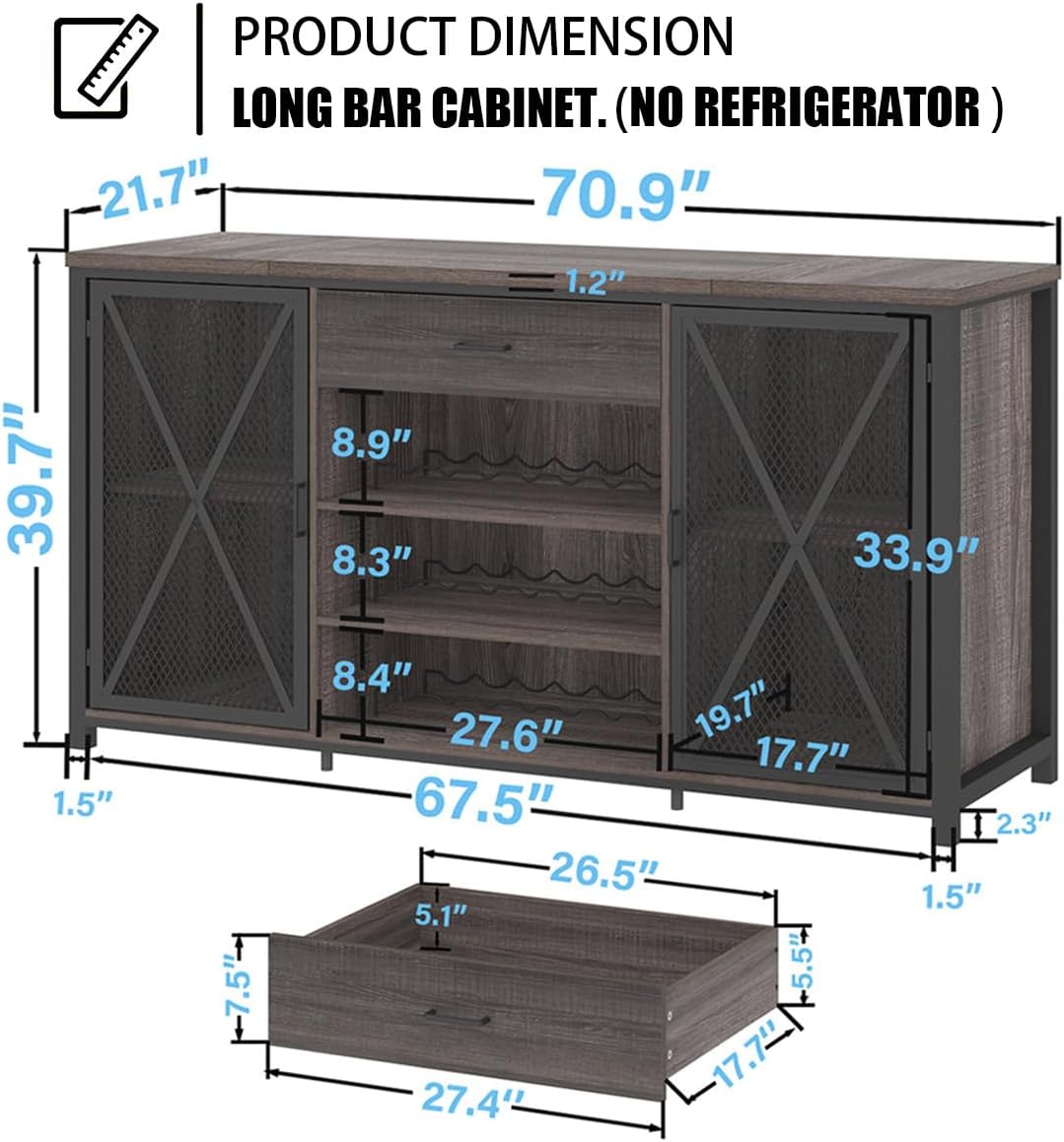 LVB Long Bar Cabinet with Fridge Space, Farmhouse Big Liquor Cabinet with Drawer Storage, Rustic Wood Metal Large Wine Cabinet with Rack, Modern Sideboard Buffet for Kitchen Dining Room, Gray, 70 Inch