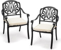 VINGLI Patio Chairs Set of 2 - Stackable Outdoor Cast Aluminum Dining Chairs with Vintage Black Finish and Floral Pattern, Metal Armchairs for Poolside, Backyard, Balcony (with Cushion)