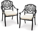 VINGLI Patio Chairs Set of 2 - Stackable Outdoor Cast Aluminum Dining Chairs with Vintage Black Finish and Floral Pattern, Metal Armchairs for Poolside, Backyard, Balcony (with Cushion)