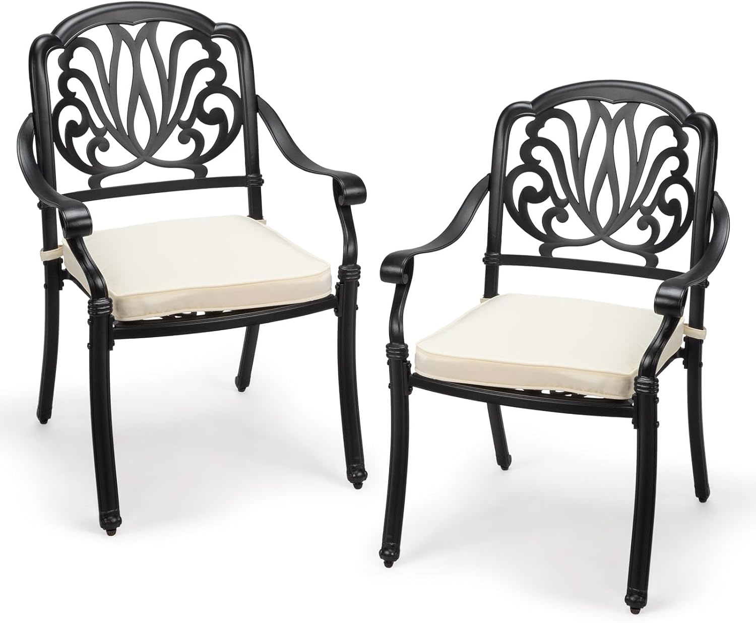 VINGLI Patio Chairs Set of 2 - Stackable Outdoor Cast Aluminum Dining Chairs with Vintage Black Finish and Floral Pattern, Metal Armchairs for Poolside, Backyard, Balcony (with Cushion)