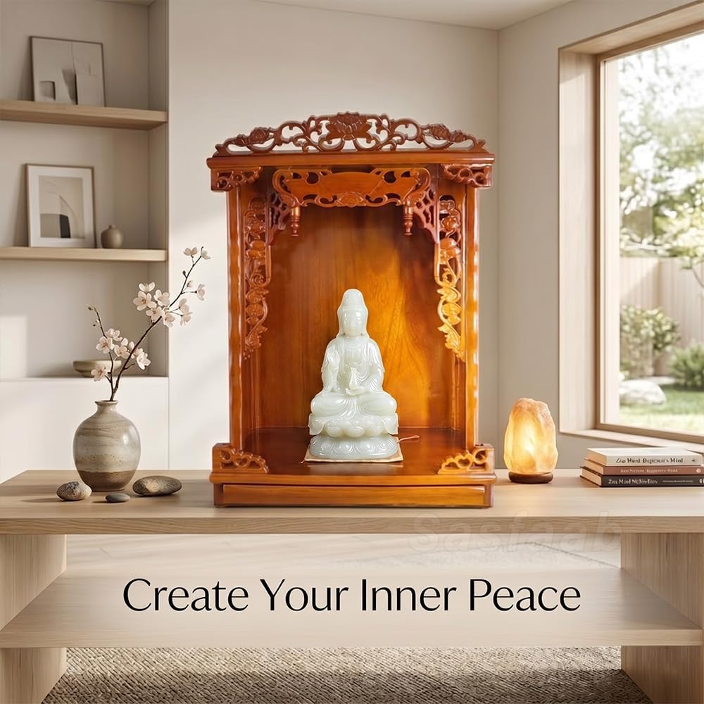 Solid Wood Buddhist Altar Cabinet & Pooja Mandir for Home, 2-in-1 Wall Mounted or Desktop Meditation Shrine Table with Pull-Out Storage Tray, Hand-Carved Buddha Temple (Rosewood, 16.5" H/42cm)