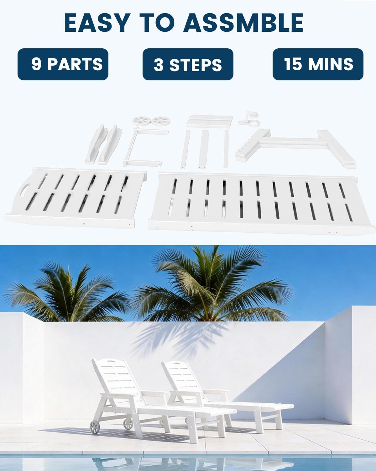 FOOWIN Chaise Lounge Chair, HDPE Lounge Chair Outdoor with 5 Positions, Oversized Pool Lounge Chairs with Rolling Wheels & Cup Holder for Poolside Deck Backyard, White