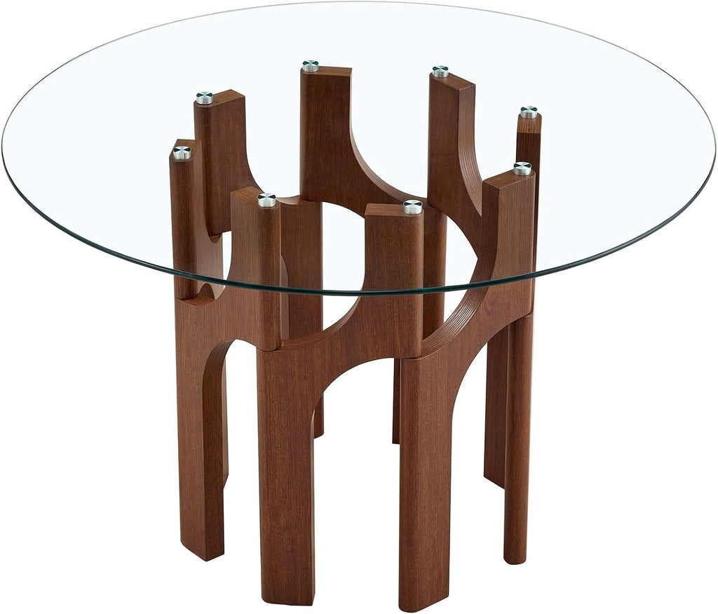 Round Dining Table,46 Inch Glass Kitchen Dining Room Table with Wooden Walnut Pedestal Base,Modern Circle Clear Glass Top 4-6 Person Dinner Table for Small Spaces Home/Apartment
