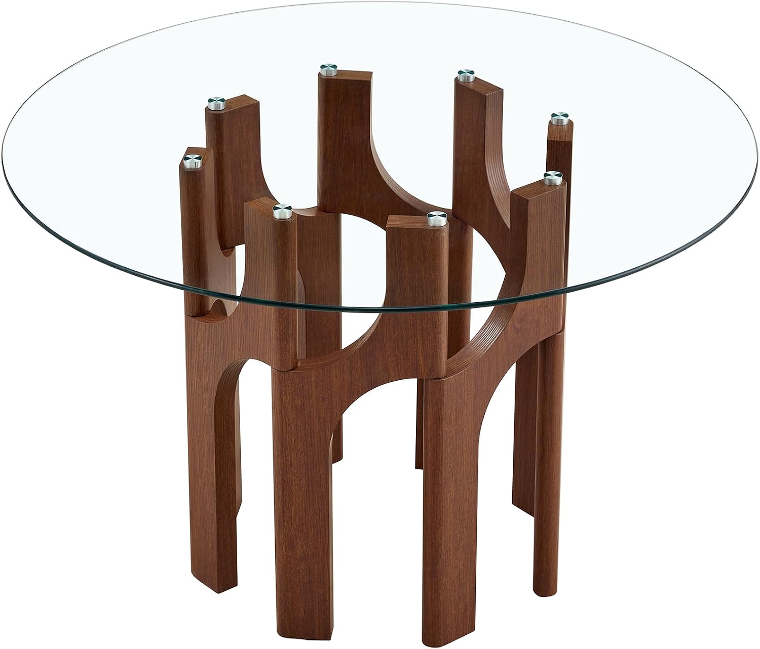 Glass Round Dining Table for 4 6 Person, 46 Inch Glass Kitchen Dining Room Table with Wooden Walnut Pedestal Base,Modern Circle Clear Glass Top Dinner Table for Small Spaces Home/Apartment