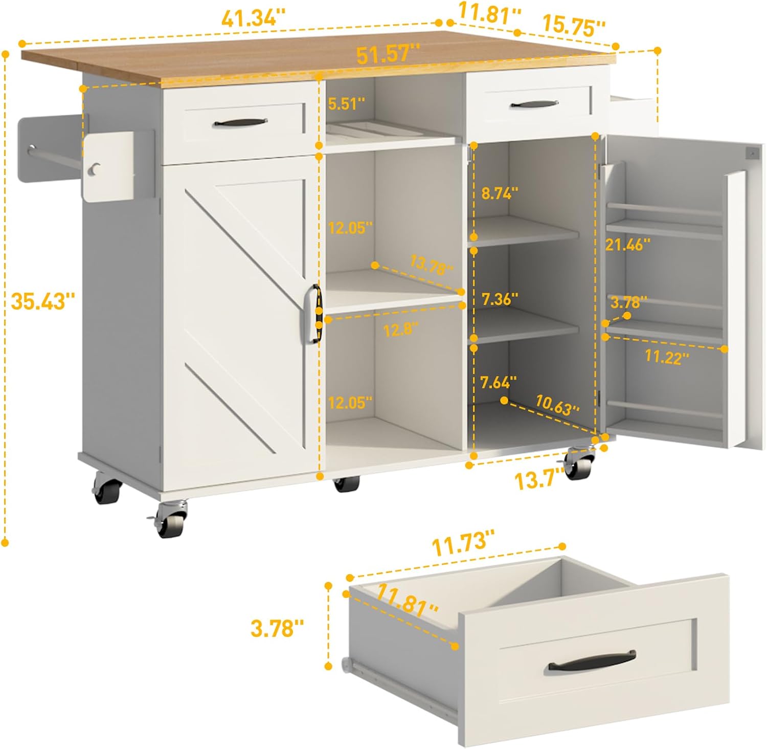 knoworld 51.5'' Rolling Kitchen Island with Storage Cabinet & Drawers, Drop Leaf Kitchen Cart on Wheels, Farmhouse Portable Mobile Islands, Large Butcher Block Table with Tower/Spice Rack, White
