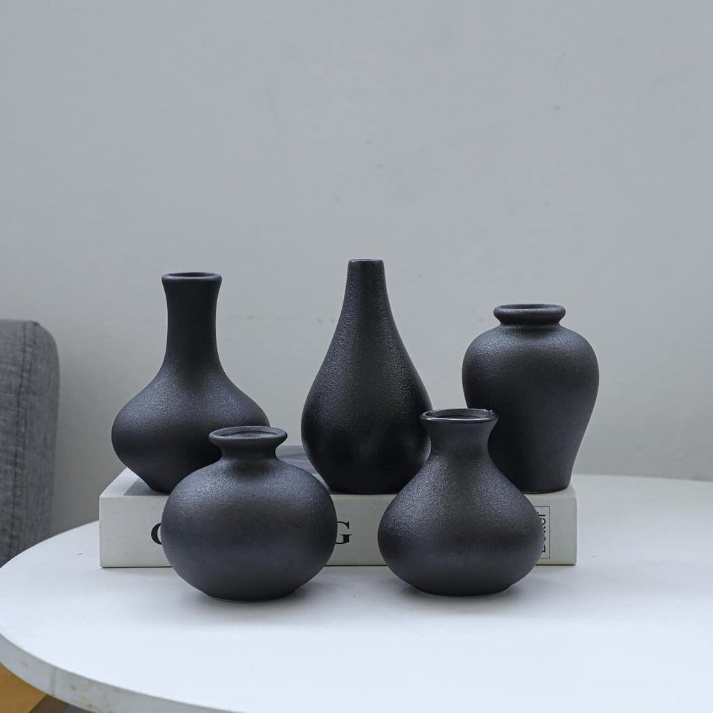 Black Ceramic Vase Set of 5 - Small Bud Vases for Flowers, Mini Decorative Vases for Rustic Weddings & Home Decor | Assorted Floral Arrangement Centerpieces for Table, Cabinet, Living Room & Entryway