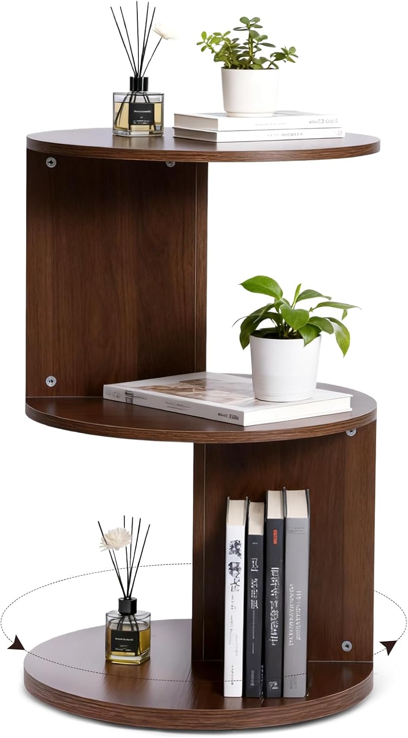 Wood 2-Tier 360° Rotating Bookshelf, Narrow Corner Bookcase & Accent Table, Floor Standing Storage Rack for Kids Bedroom Living Room, Space Saving