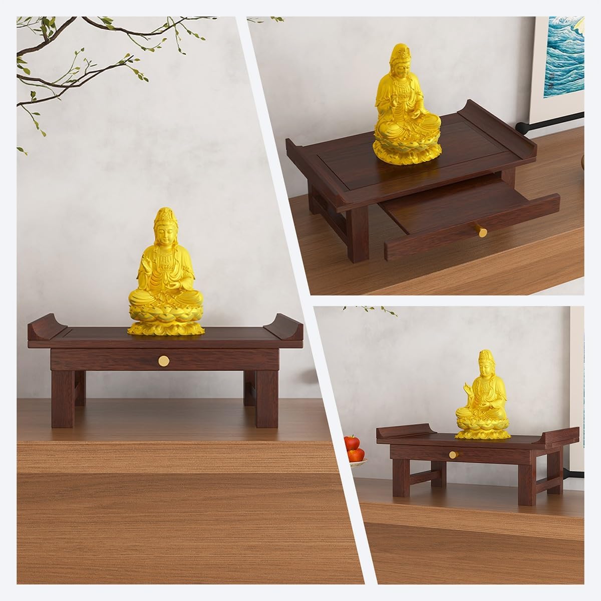 Personal Prayer Shrine Desk, Chinese Style Floor Shrine Stand with Retractable Pull Plate, Wood Meditation Altar Table for Bedroom, Office(15.7 * 9.8 * 6.3in)