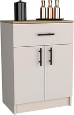 Pantry Organizer Cabinet, 33" H with Drawer, Shelves & Doors, Ivory/Natural Oak, Kitchen Storage Solution