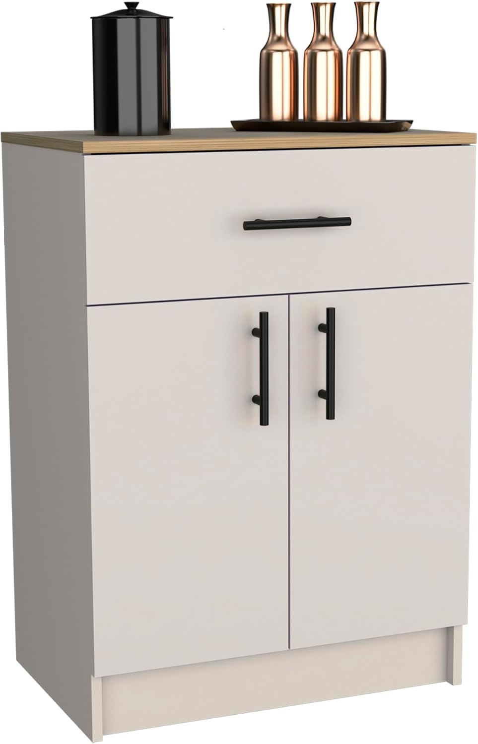 Pantry Organizer Cabinet, 33" H with Drawer, Shelves & Doors, Ivory/Natural Oak, Kitchen Storage Solution